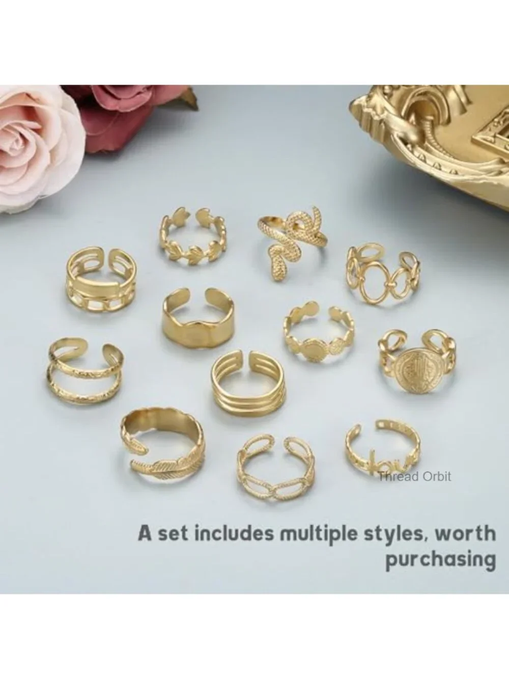 18K Gold Plated Stainless Steel Stacking Rings Set - 12 Pcs Adjustable Open Band